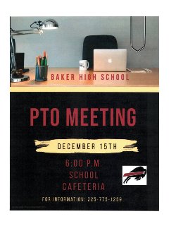 a flyer advertising Baker High School PTO Meeting scheduled for December 15, 2021